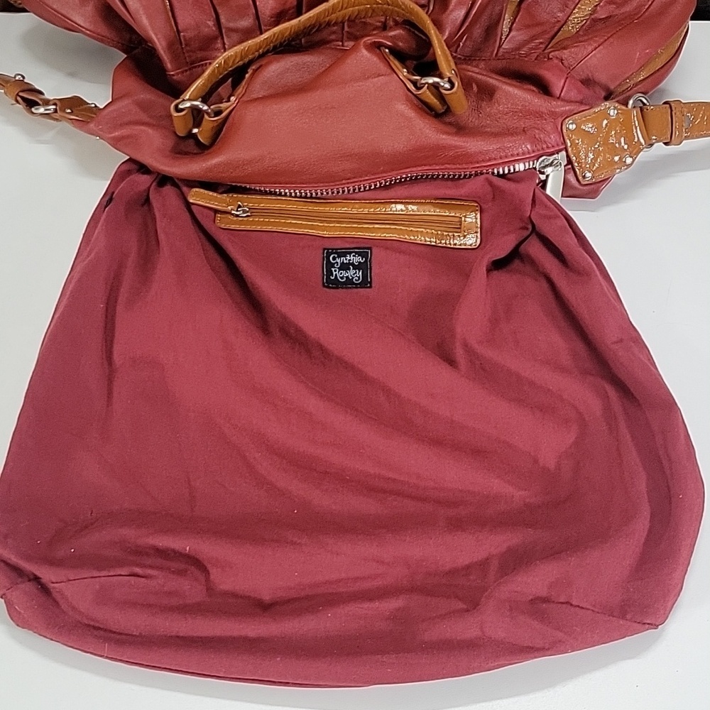 Large Cynthia Rowley Red/Tan Pleated Leather Tote Bag - Picture 11 of 13